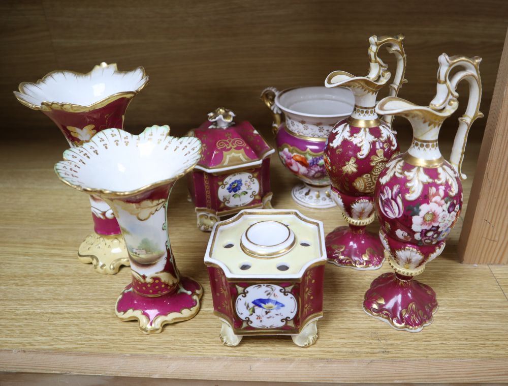 A group of English porcelain ruby ground vessels, c. 1825-45,
